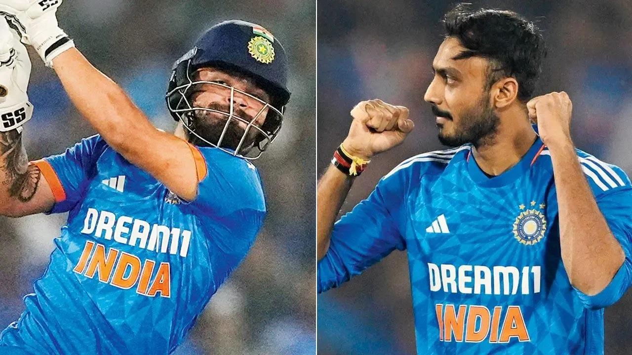 रिंकू सिंह कल अपने 46वें साल में। तस्वीर/पीटीआई; (दाएं) अक्षर पटेल ने कल ऑस्ट्रेलियाई विकेट का जश्न मनाया। तस्वीर/एएफपी