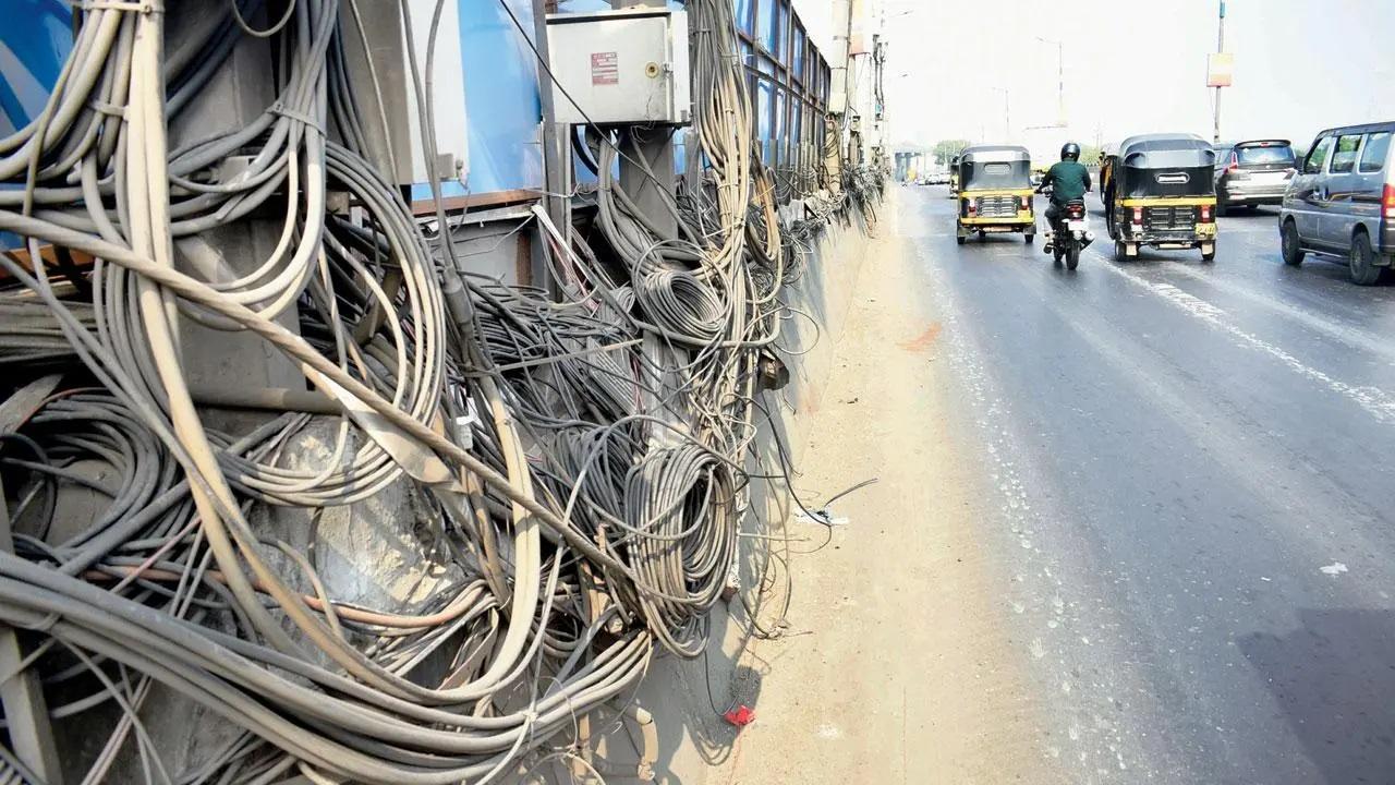 शहर में फ्लाईओवरों के दौरे में पाया गया कि उनके बगल में बहुत सारे तार और केबल गिरे हुए थे,जैसे कि यह पूर्वी एक्सप्रेस राजमार्ग के साथ विक्रोली (पूर्व) फ्लाईओवर पर था. तस्वीर/सतेज शिंदे