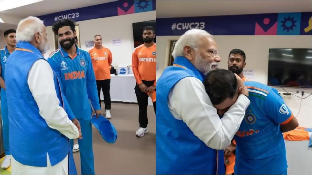 मैच के बाद टीम इंडिया के खिलाड़ियों से मिले पीएम नरेंद्र मोदी (तस्वीर: ट्विटर @imjadeja/@MdShami11)