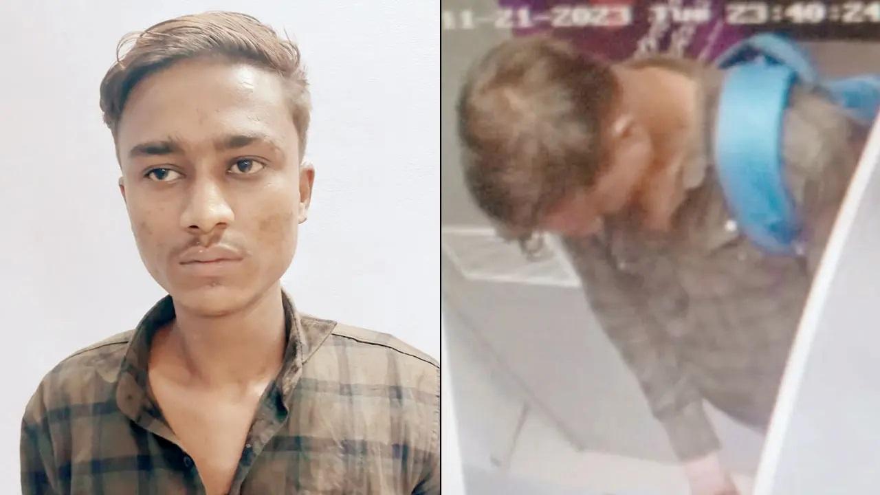 आरोपी हिमांशु राकेश तिवारी; (दाएं) कार्यस्थल पर कथित चोर के फुटेज का स्क्रीनग्रैब.