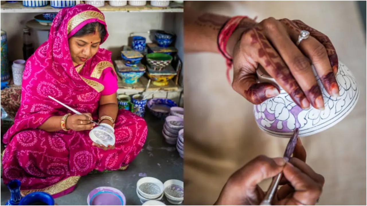जयपुर ब्लू पॉटरी: मिट्टी के बर्तनों का यह अनूठा रूप जयपुर, राजस्थान में उत्पन्न हुआ, और अपने जीवंत नीले और सफेद पैटर्न के लिए जाना जाता है, जो क्वार्ट्ज पाउडर और कांच से युक्त एक विशिष्ट तकनीक का उपयोग करके बनाया गया है.