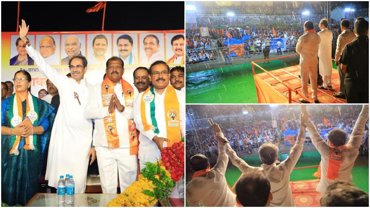 परभणी में हो रही सभा के दौरान अचानक आसमान से तेज बारिश होने लगी. इसके बावजूद सभा नहीं रुकी और `जय भवानी, जय शिवाजी` के जोरदार नारे लगे. 