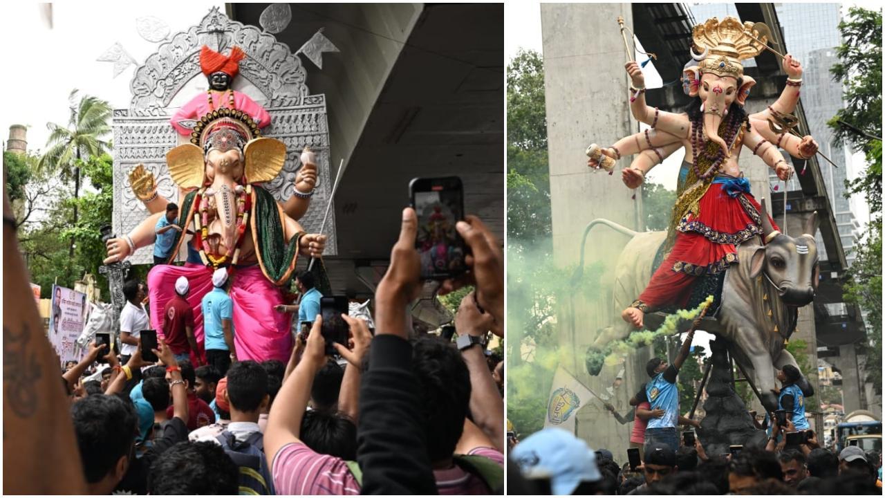 कारीगरों द्वारा कई महीनों की कड़ी मेहनत के बाद तैयार की गई थीं, कार्यशाला से पंडालों की ओर रवाना की गईं. (Pic/ Anurag Ahire)