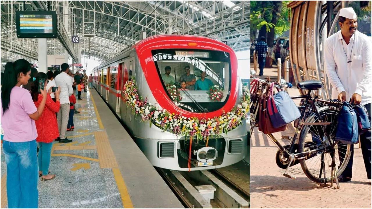 मौजूदा नियमों के अनुसार, मेट्रो में सिर्फ़ कुछ खास साइज़ का सामान ही ले जाने की अनुमति है। तस्वीर/अनुराग अहिरे; (दाएं) दादर में स्वामी नारायण मंदिर के पास काम करने वाले डब्बावाला किरण गवांडे. तस्वीर/आशीष राजे