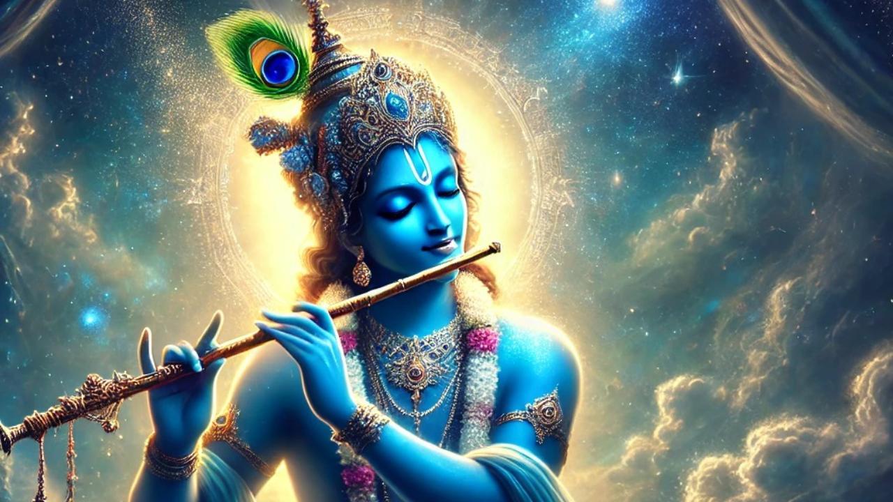 भगवान कृष्ण को नीले रंग में दर्शाना उनकी दिव्यता, अनंतता, और प्रेम की गहन भावना का प्रतीक है.