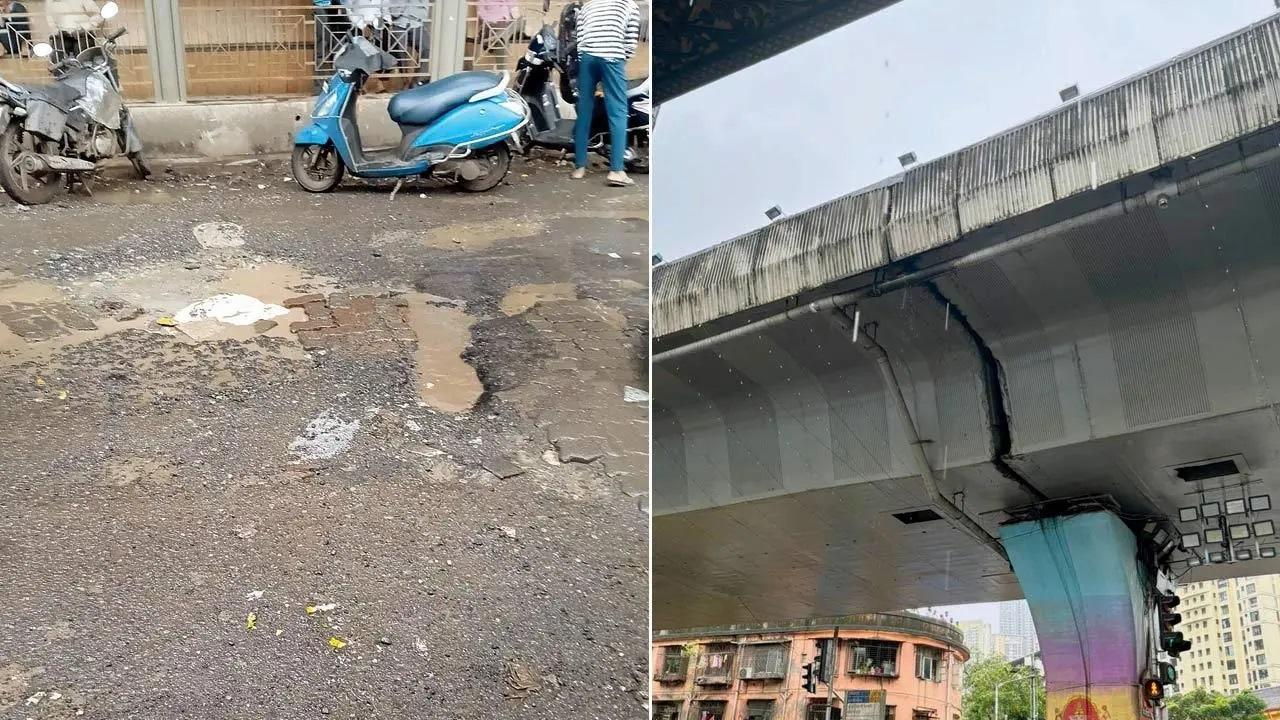 कुर्ला में बेल बाज़ार रोड पर एक ख़राब सड़क, (दाएं) लालबाग फ्लाईओवर के एक हिस्से पर पानी टपक रहा है. Pics/Ashish Nare, गणेश समिति स्वयंसेवक