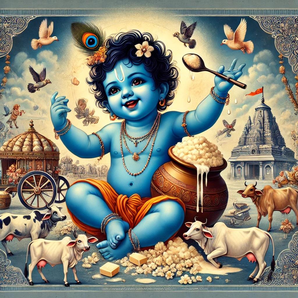 बाल कृष्ण: भगवान कृष्ण का बाल रूप, जिसमें वे एक छोटे बालक के रूप में माखन चोरी करते हुए दिखाए जाते हैं. यह रूप उनकी मासूमियत और चंचलता को दर्शाता है, और उनकी बाल लीलाओं का वर्णन करता है.