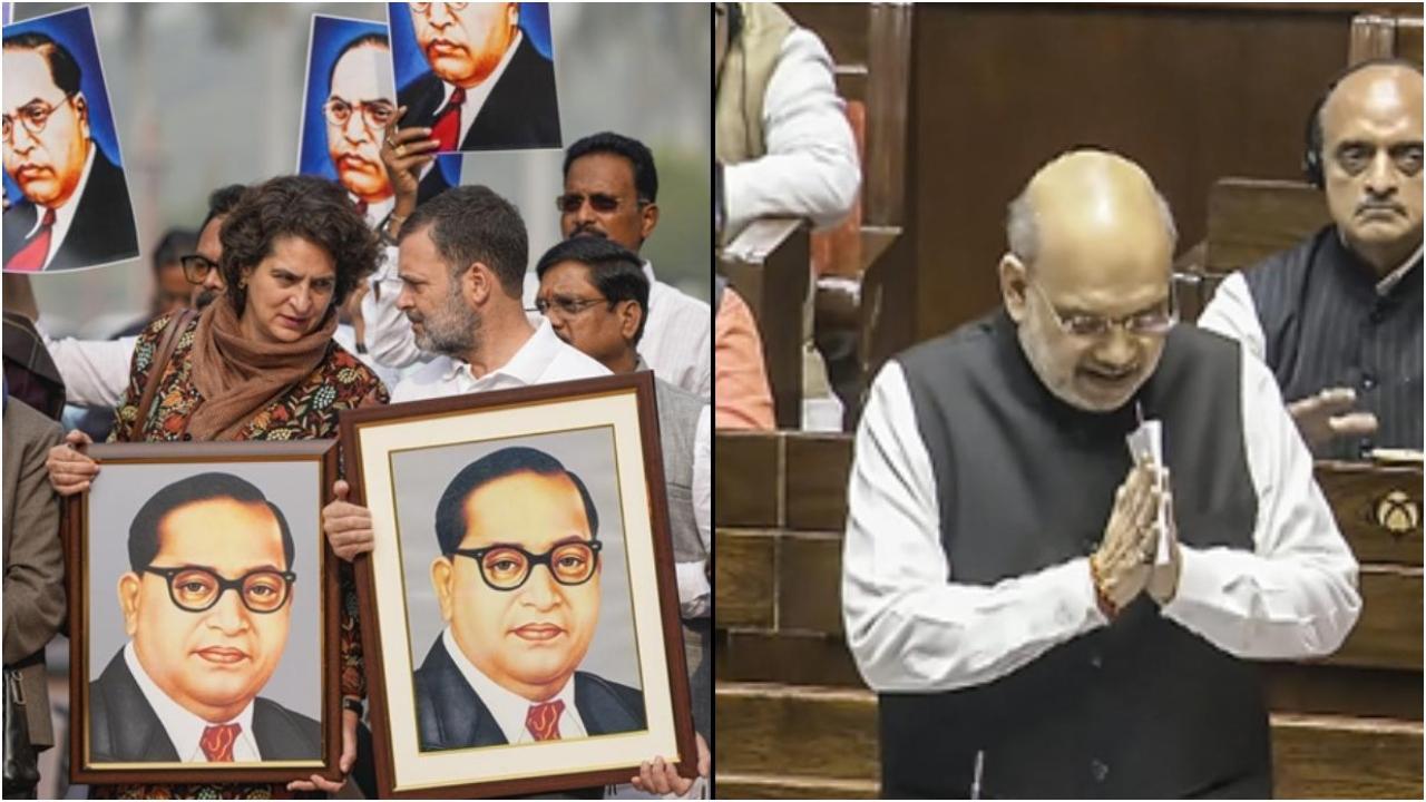 अमित शाह के बयान के खिलाफ राहुल और प्रियंका गांधी ने कहा डॉ. अंबेडकर की तस्वीर के साथ विरोध जताया (एजेंसी)
