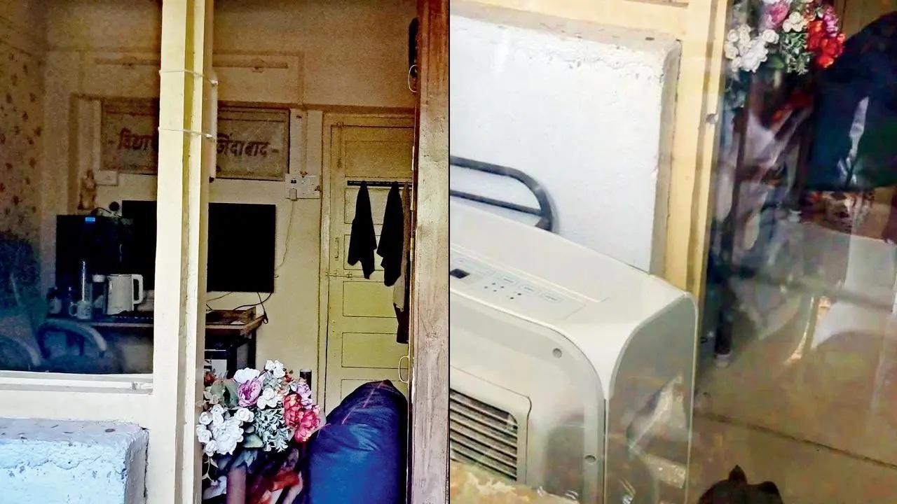 छात्रावास के कमरे में एलईडी मॉनिटर; (दाएं) हॉस्टल के कमरा नंबर 8 के अंदर का कूलर