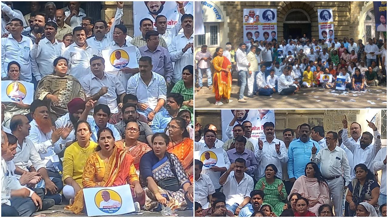 अपना चुनाव चिन्ह `घड़ी` खोने के शरद पवार खेमे के लोग अजित पवार के खिलाफ नारेबाजी करते दिखाई दिए. (Photographer - Sameer Abdedi)
