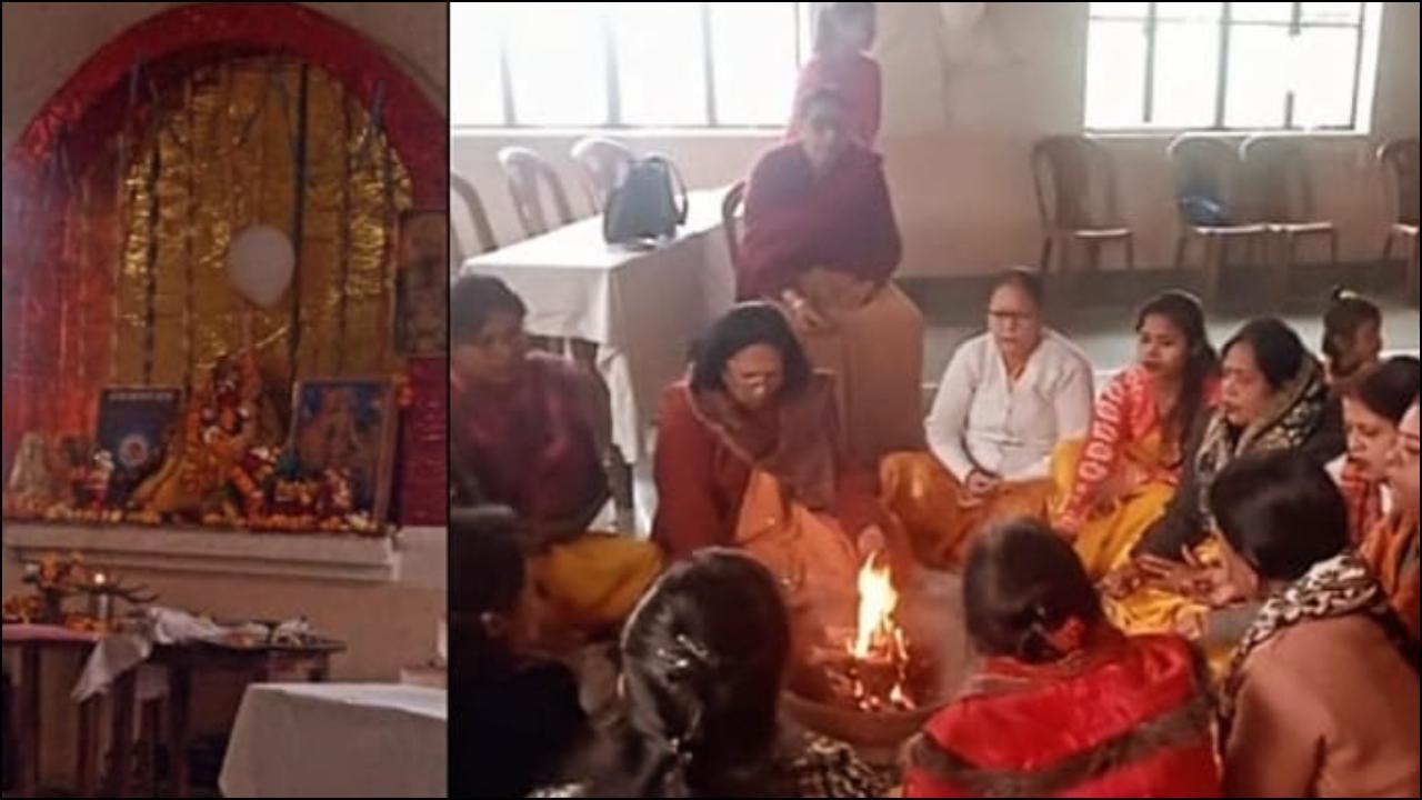 बसंत पंचमी के अवसर पर हवन पूजन करती अध्यापिकाएं.