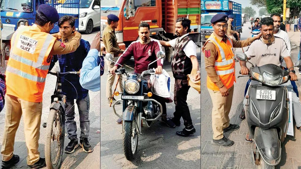 सूरत ट्रैफिक पुलिस को नेकबैंड प्रदान करते हुए देखें.