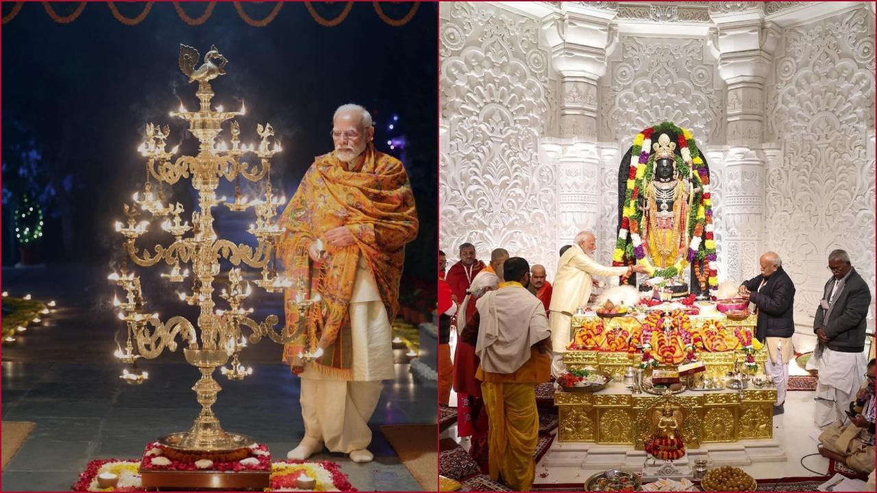 राम मंदिर से लौटकर अपने दिल्ली आवास पर राम ज्योति जलाते प्रधानमंत्री मोदी.
