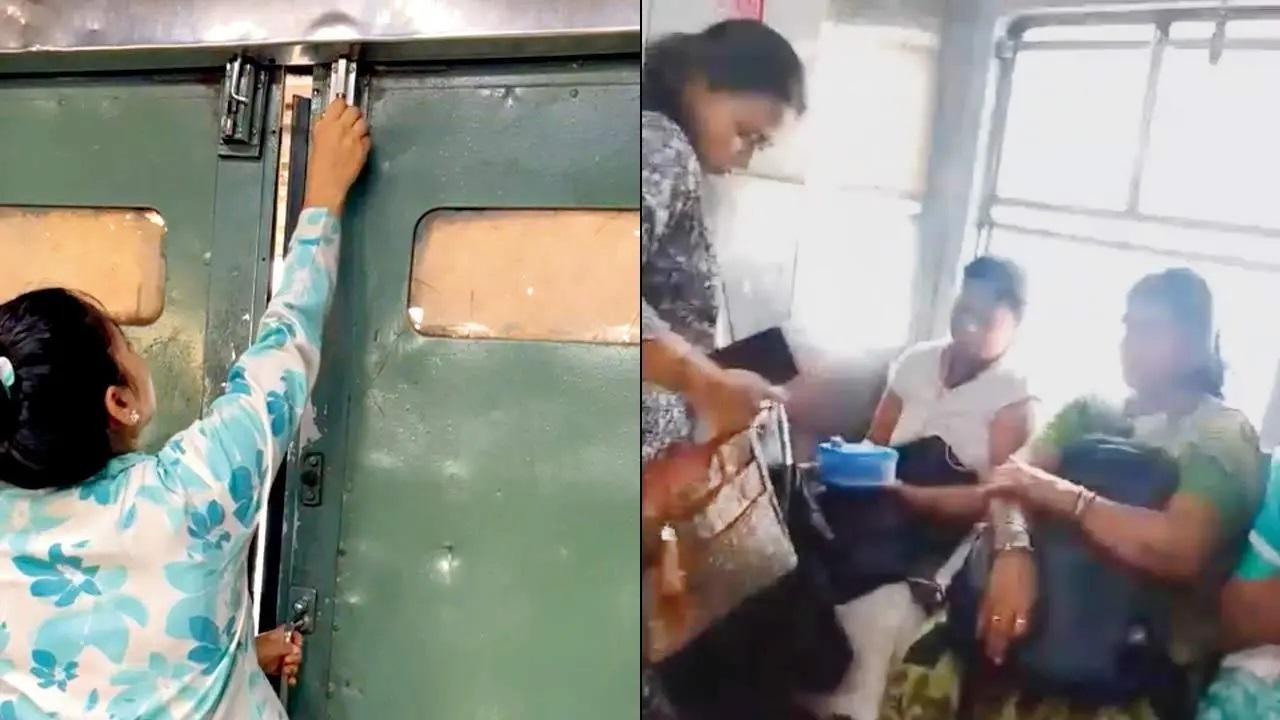 एक महिला डिब्बे का दरवाज़ा बंद कर रही है. (दाएं) दरवाजे बंद होने के दौरान खाना बांटती महिलाएं.