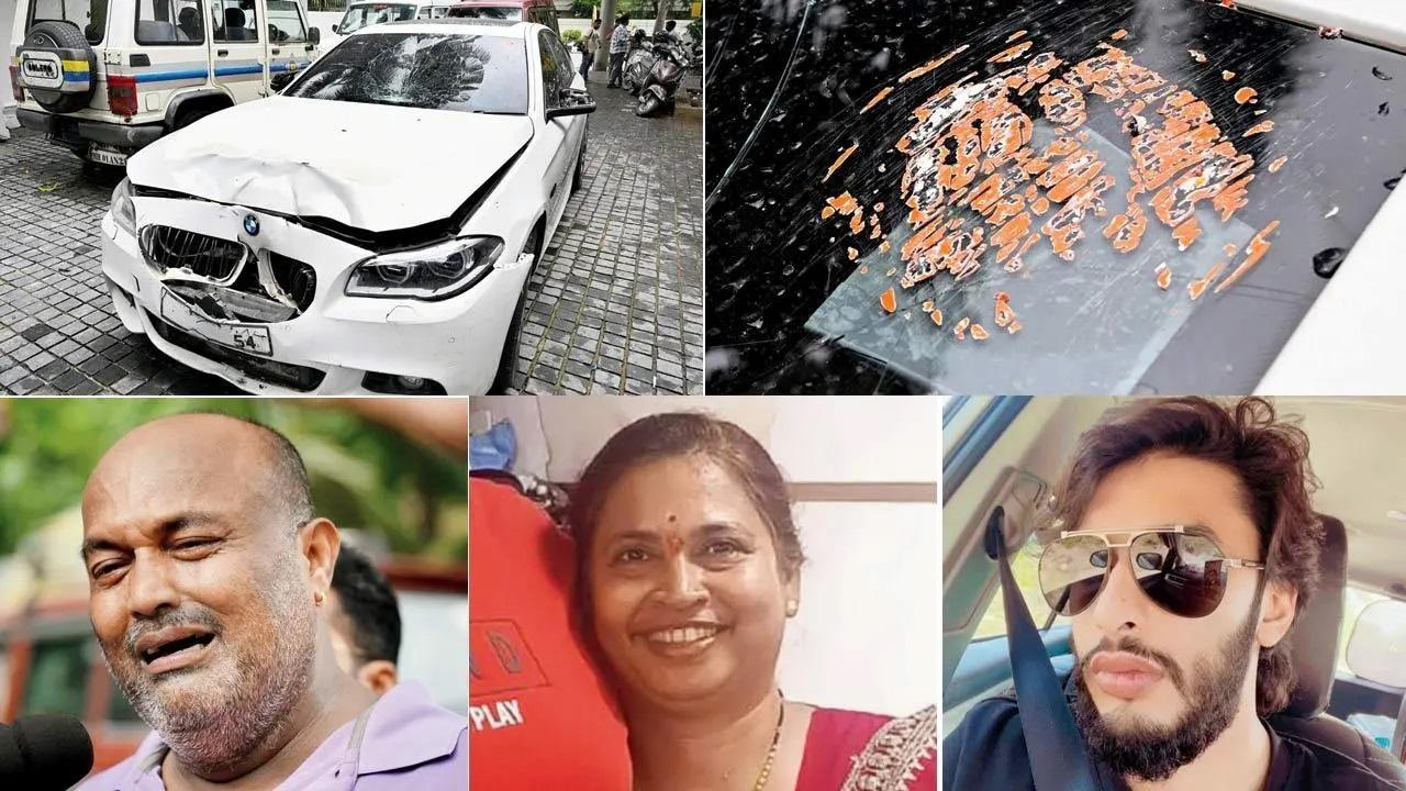 रविवार को वर्ली पुलिस स्टेशन परिसर में बीएमडब्ल्यू; शिवसेना (शिंदे गुट) का स्टीकर जिसे आरोपी ने दुर्घटना के बाद नोच डाला। चित्र/आशीष राजे; प्रदीप नखवा और उनकी पत्नी कावेरी, जिनकी रविवार सुबह मृत्यु हो गई; मिहिर शाह, आरोपी जो शराब के नशे में था.