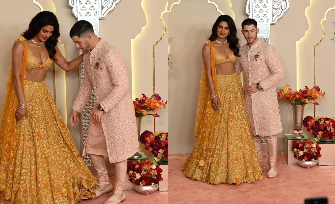 प्रियंका चोपड़ा भी अपने पति निक जोनस के साथ शादी में पहुंची. इस दौरान निक प्रियंका का लहंगा भी ठीक करते नज़र आए. 