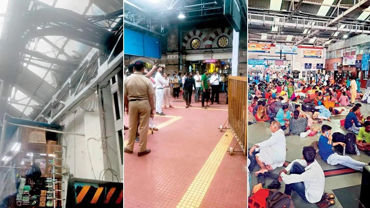 सीएसएमटी के प्लेटफॉर्म 6 और 7 के बीच एक हिस्सा ढहकर छत पर गिर गया