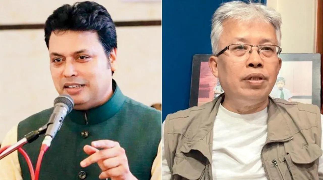 भाजपा के त्रिपुरा पश्चिम उम्मीदवार बिप्लब कुमार देब; (दाएं) कांग्रेस के अंगोमचा अकोइजम, जिन्होंने इनर मणिपुर जीता