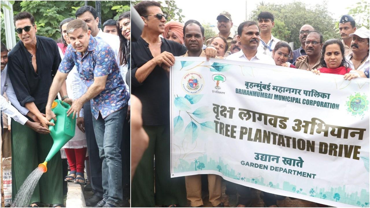 बृहन्मुंबई नगर निगम (बीएमसी) के आयुक्त भूषण गगरानी के साथ पौधरोपण करते एक्टर अक्षय कुमार.