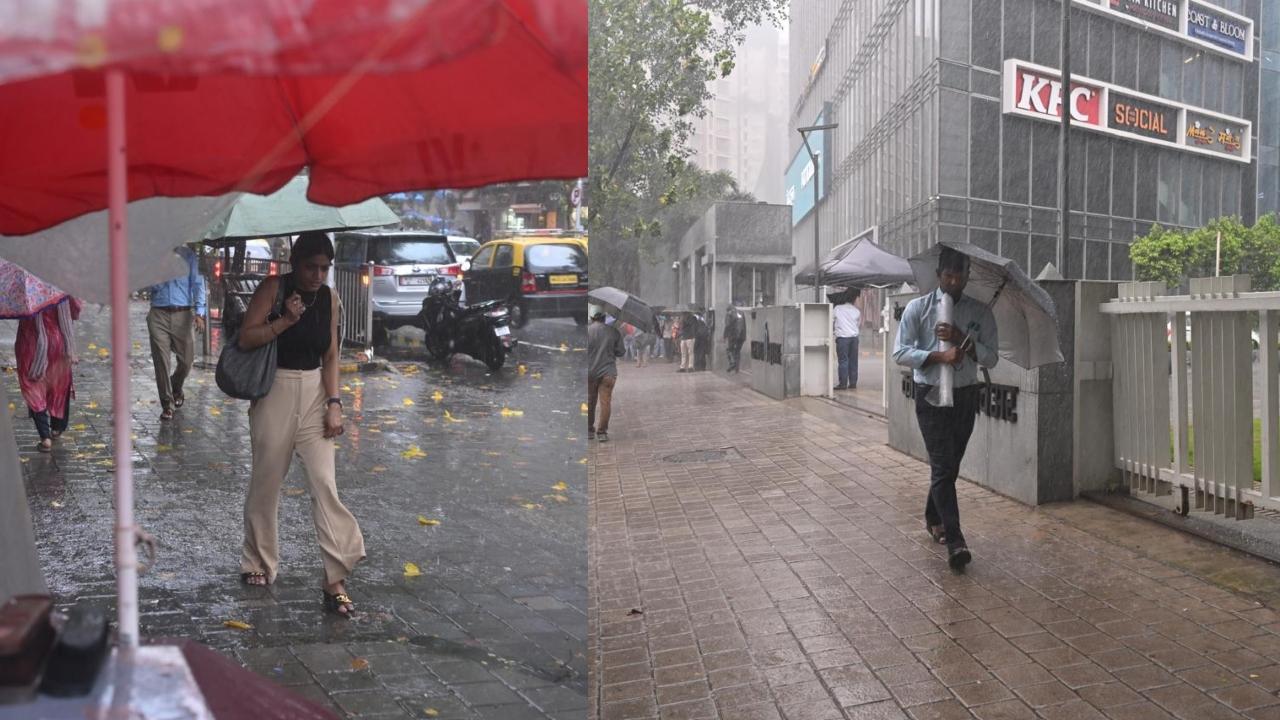 बारिश के बीच ऑफिस से घर जाते लोग, जिन्हें बारिश से बचने के लिए छाते का सहारा लेना पड़ा.
