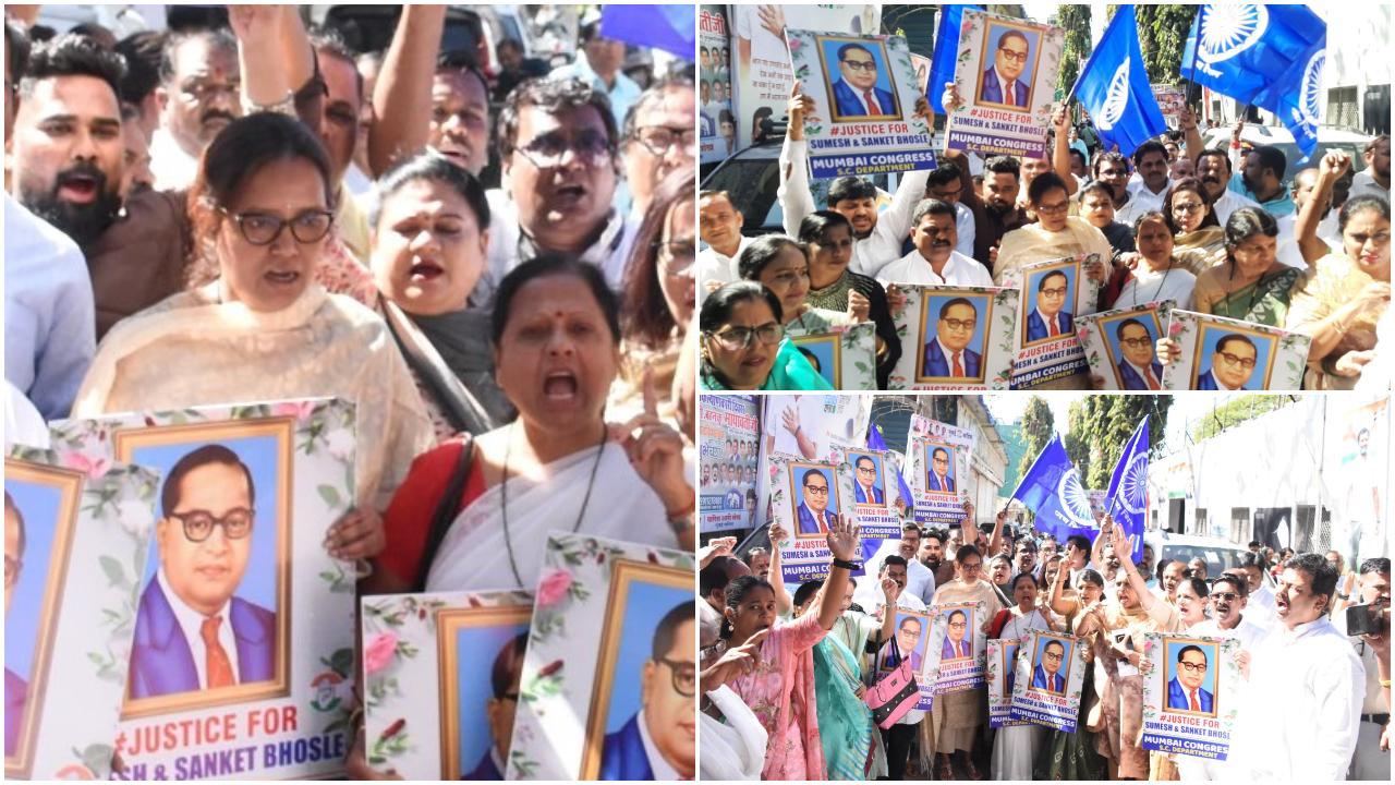 धरना प्रदर्शन के दौरान सभी कार्यकर्ताओं के हाथों में भारतीय संविधान के निर्माता डॉ. बाबा साहेब भीमराव अंबेडकर की तस्वीरें दिखाई दी. (photographer/Satej Shinde)
