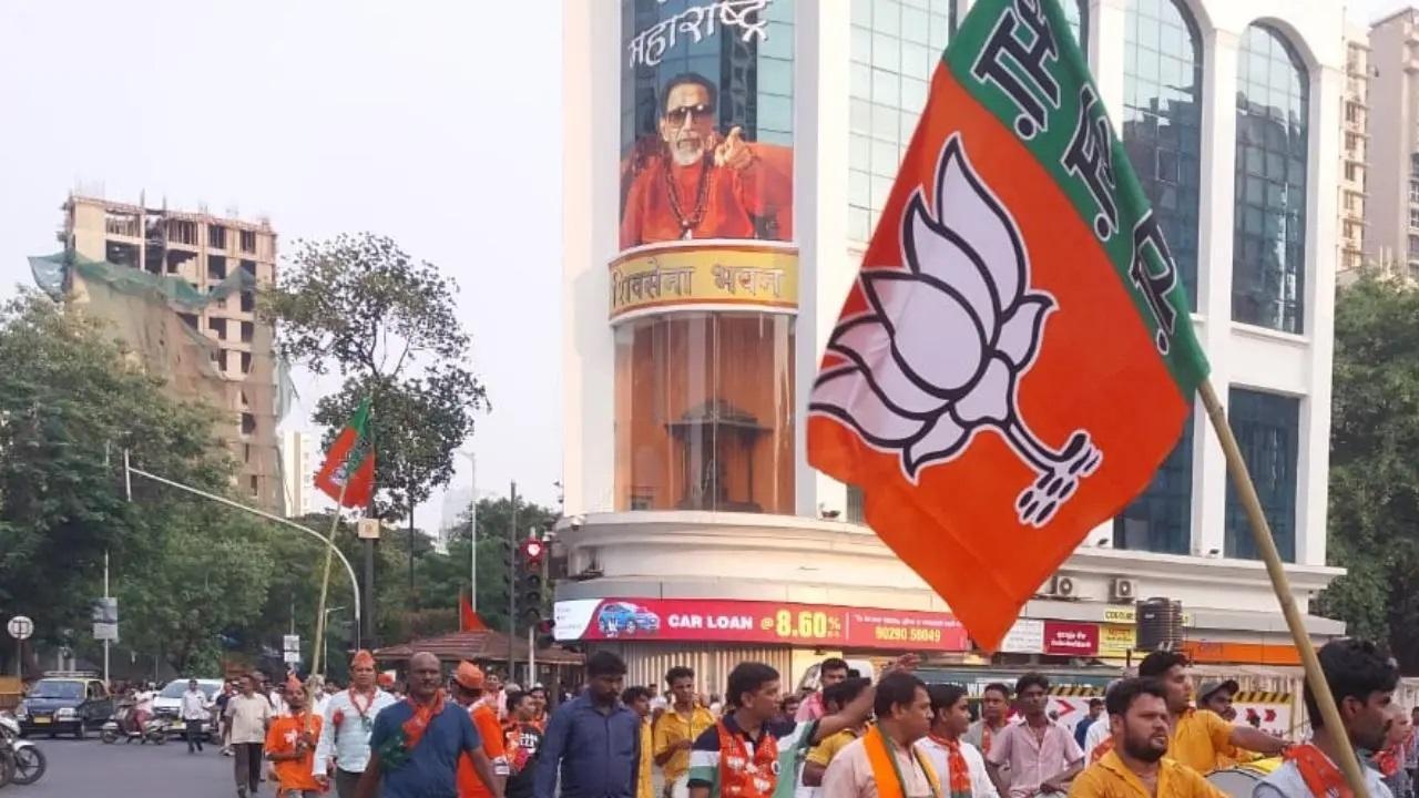 दादर में शिवाजी पार्क की ओर जाते समय महायुति समर्थकों को भाजपा और मनसे के झंडे लहराते देखा गया. तस्वीरें/आशीष राजे