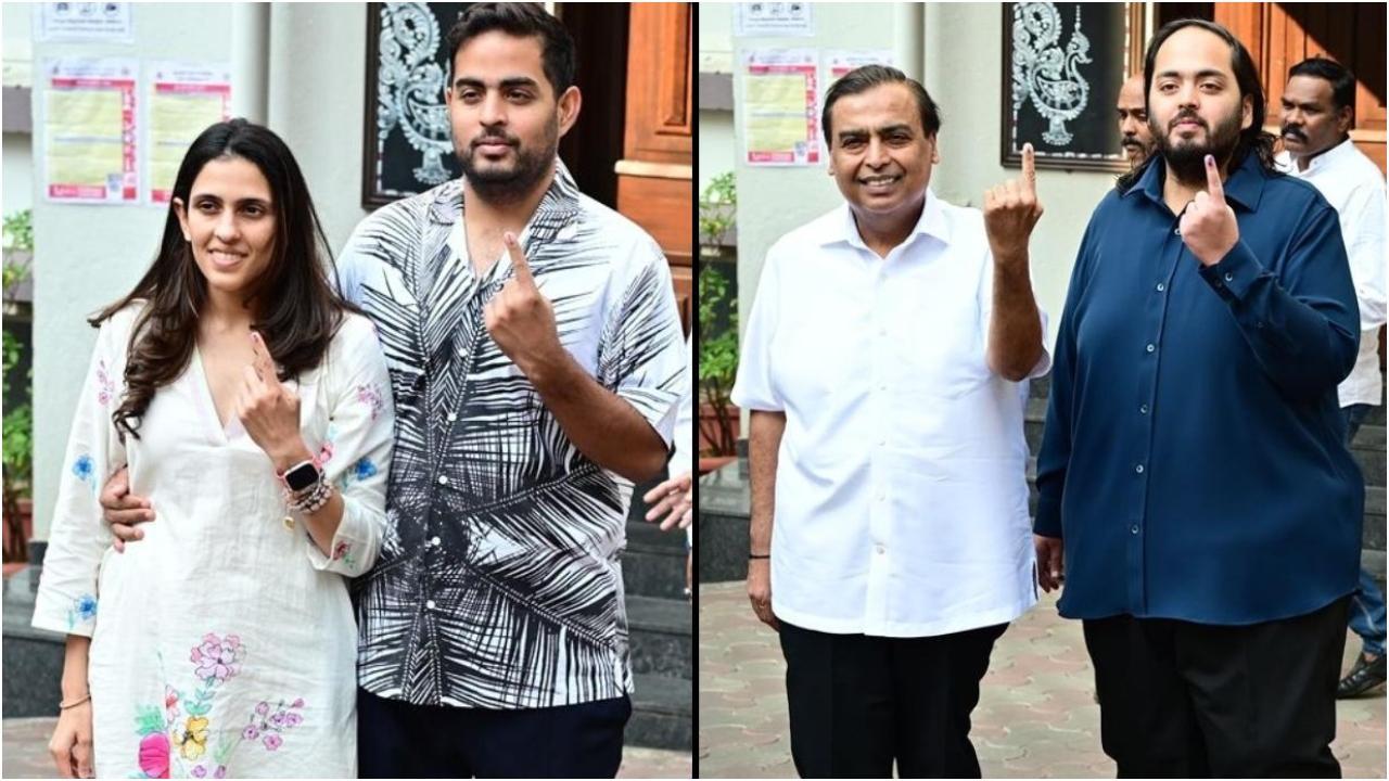 मुकेश अंबानी, उनके दोनों बेटे अनंत और आकाश अंबानी अपनी पत्नी श्लोका श्लोका अंबानी के साथ.