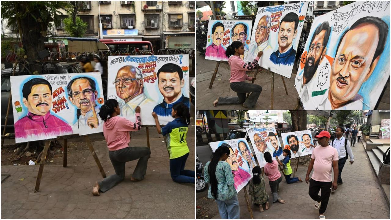 ये छात्र चुनावी माहौल से प्रेरित होकर विभिन्न राजनीतिक दलों के प्रमुख नेताओं के स्केच बनाते नजर आए. (Pic/ Anurag Ahire)