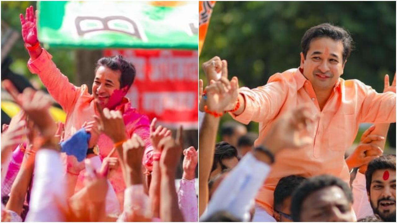 जीत के बाद नितेश राणे का माथा गुलाल से सराबोर दिखा. 