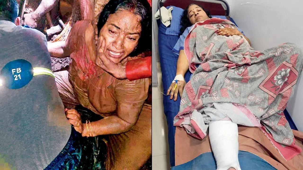 बचाए जाने के बाद कीचड़ में लथपथ माधुरी शर्मा; (दाएं) कांदिवली के अथर्व अस्पताल में भांडुप निवासी.