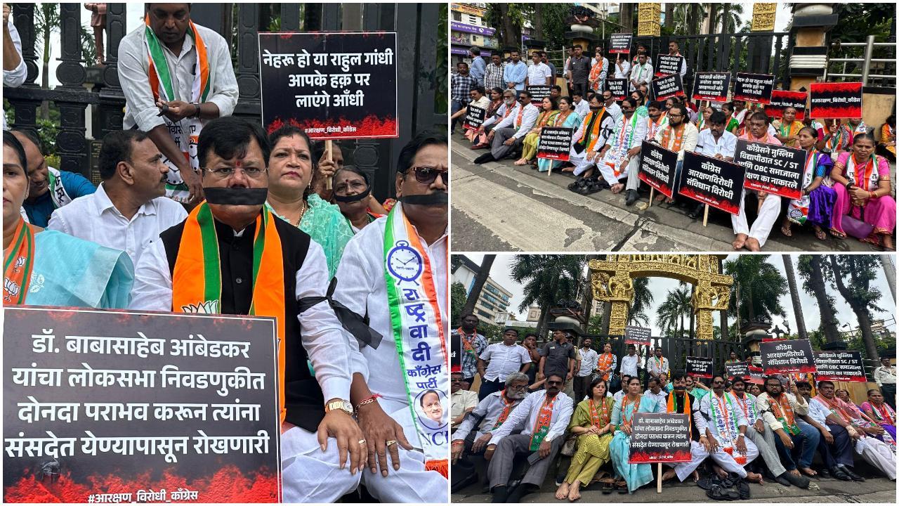 इस प्रदर्शन के दौरान प्रवीण दरेकर ने अपने मुंह पर काली पट्टी बांधकर डॉ. बाबासाहेब आंबेडकर की प्रतिमा के सामने विरोध प्रकट किया.