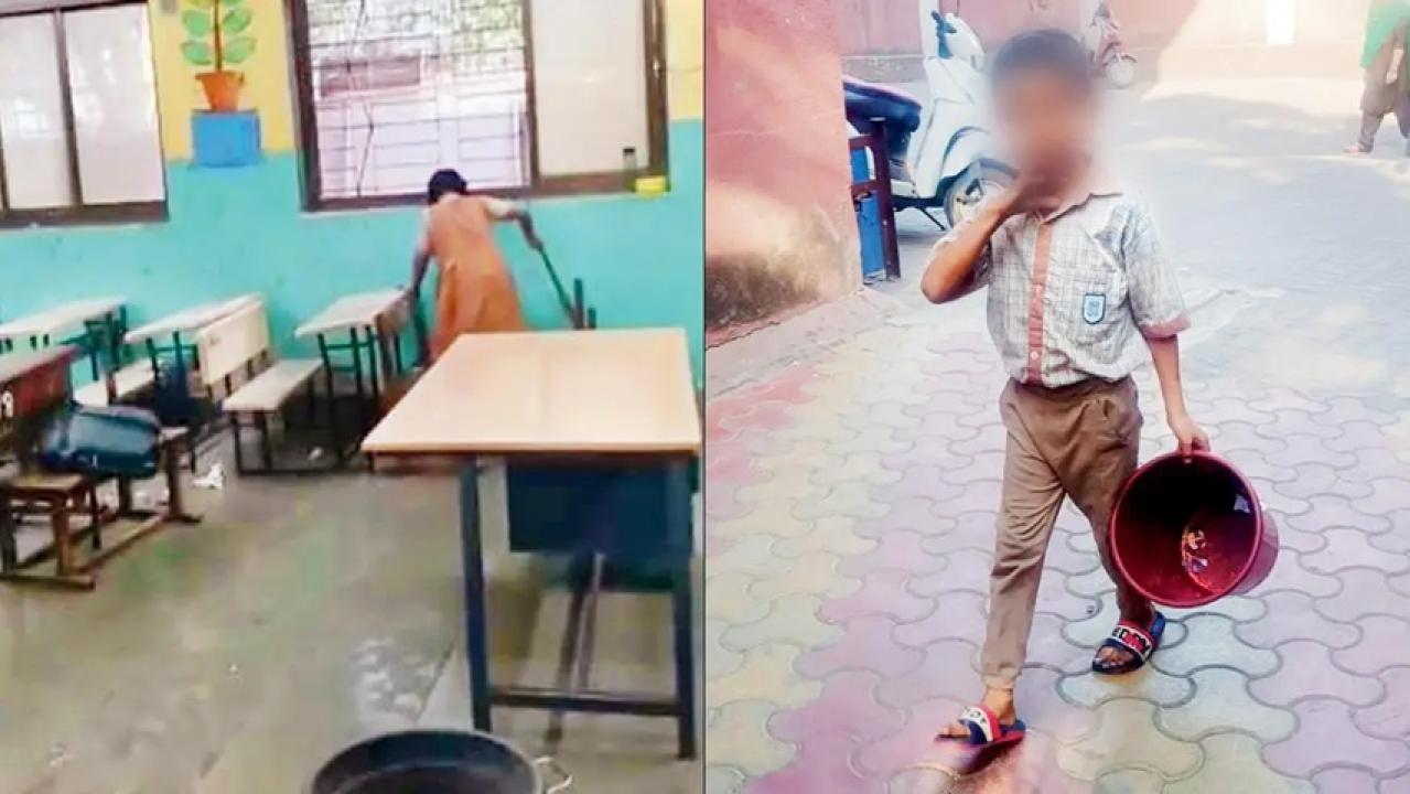वायरल वीडियो का स्क्रीनग्रैब जिसमें छात्र कक्षा में झाड़ू लगा रहा है (बाएं) वायरल वीडियो का स्क्रीनग्रैब जिसमें छात्र कूड़ेदान ले जा रहा है.
