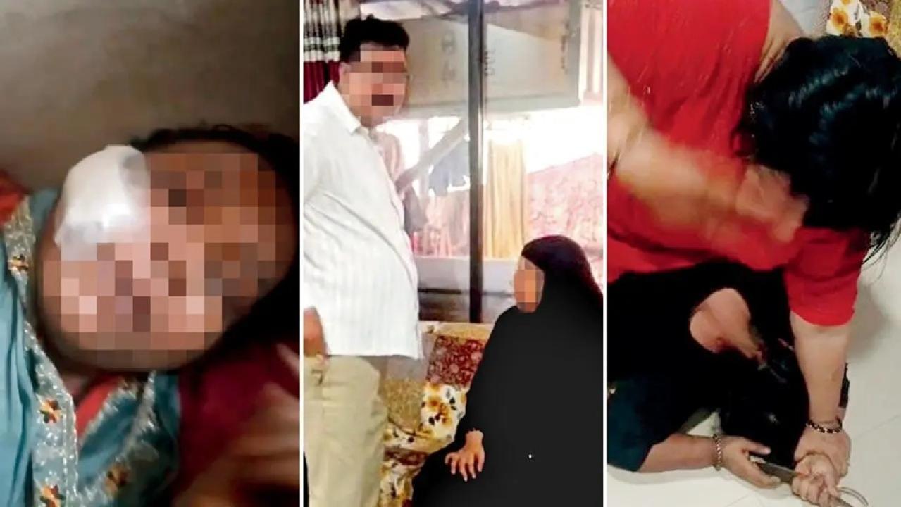 (बाएं से) पीड़ित हमले के दौरान चेहरे पर आई चोट दिखाता हुआ; आरोपी और उसकी पत्नी, जो फिलहाल फरार हैं; वीडियो का एक स्क्रीनग्रैब जिसमें पीड़ित के साथ मारपीट होती दिख रही है