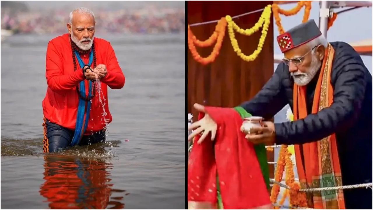 प्रधानमंत्री नरेंद्र मोदी प्रयागराज में महाकुंभ में पहुंचे. (तस्वीरें: पीएम सोशल मीडिया और पीटीआई)