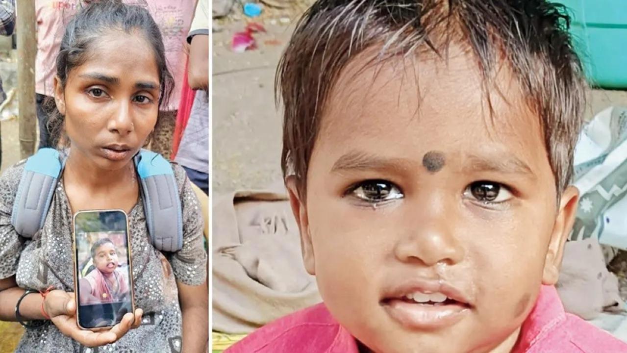 अपने मृत बेटे की तस्वीर के साथ घायल महिला; (दाएं) 18 महीने का बच्चा जो मर गया.