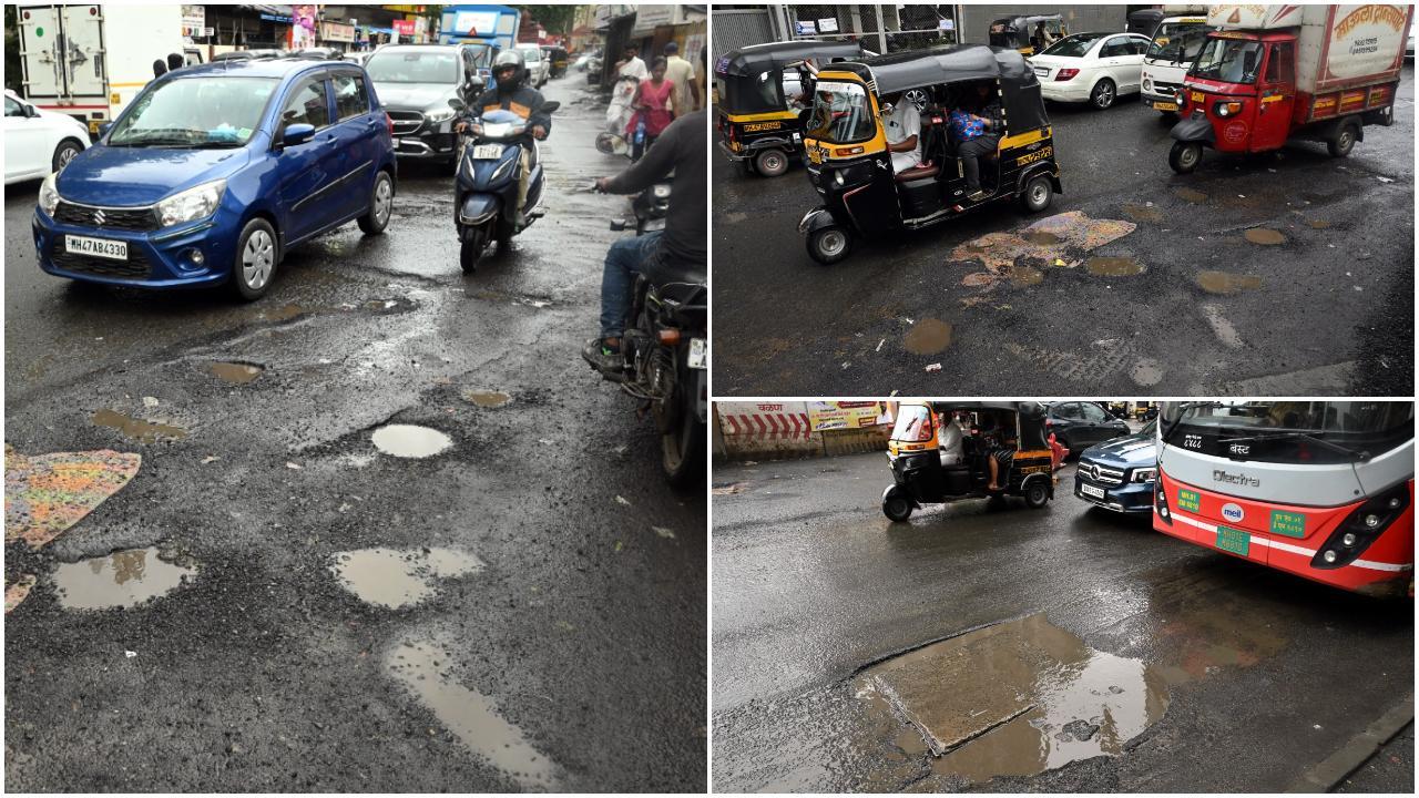 लगातार बारिश के चलते इस सड़क पर जगह-जगह गहरे गड्ढे बन गए हैं, जो न सिर्फ वाहन चालकों के लिए, बल्कि पैदल चलने वालों के लिए भी खतरे का कारण बन चुके हैं. (PHOTO BY SATEJ SHINDE)