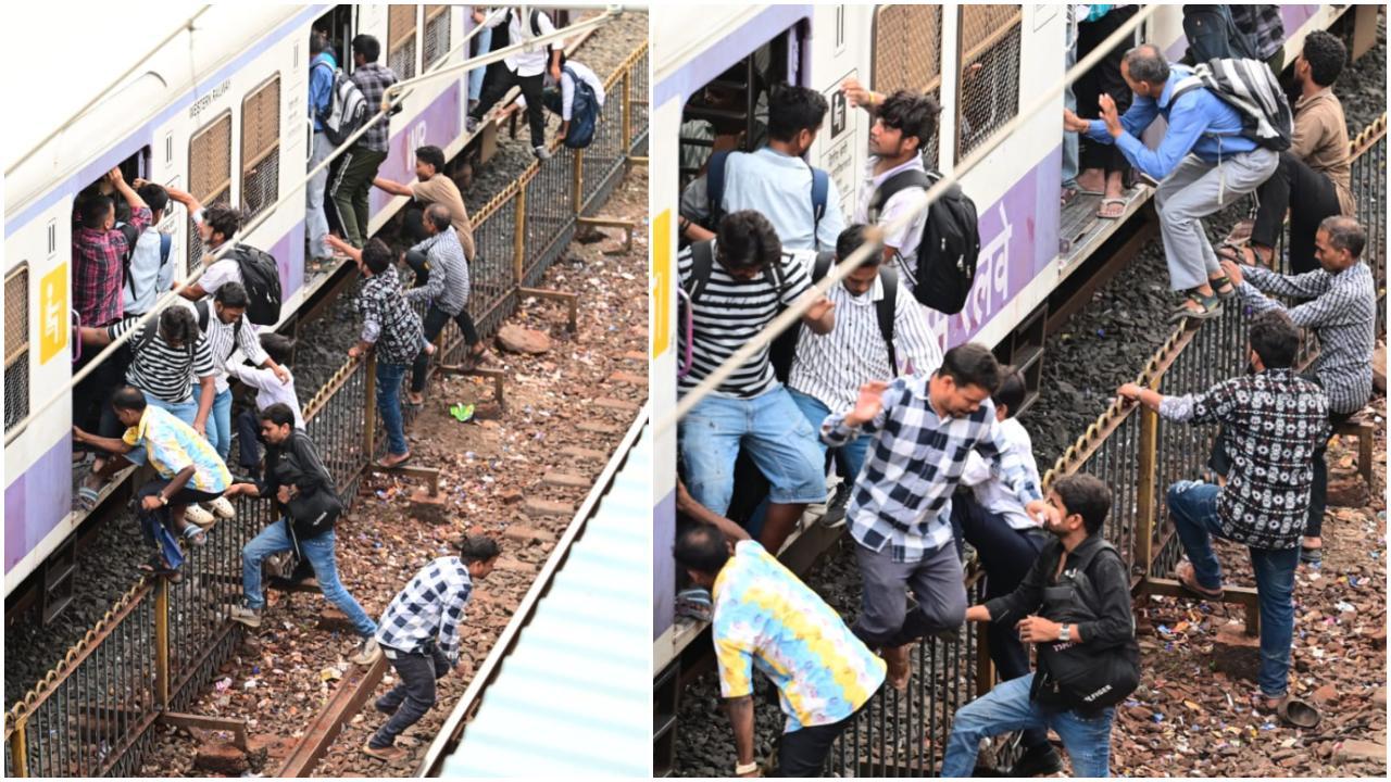 बोरीवली स्टेशन पर सुबह के समय भारी भीड़ देखी गई, और यात्रियों ने बिना किसी डर के गलत दिशा से ट्रेन पकड़ने की कोशिश करते दिखाई दिए.  (PIC/NIMESH DAVE) 