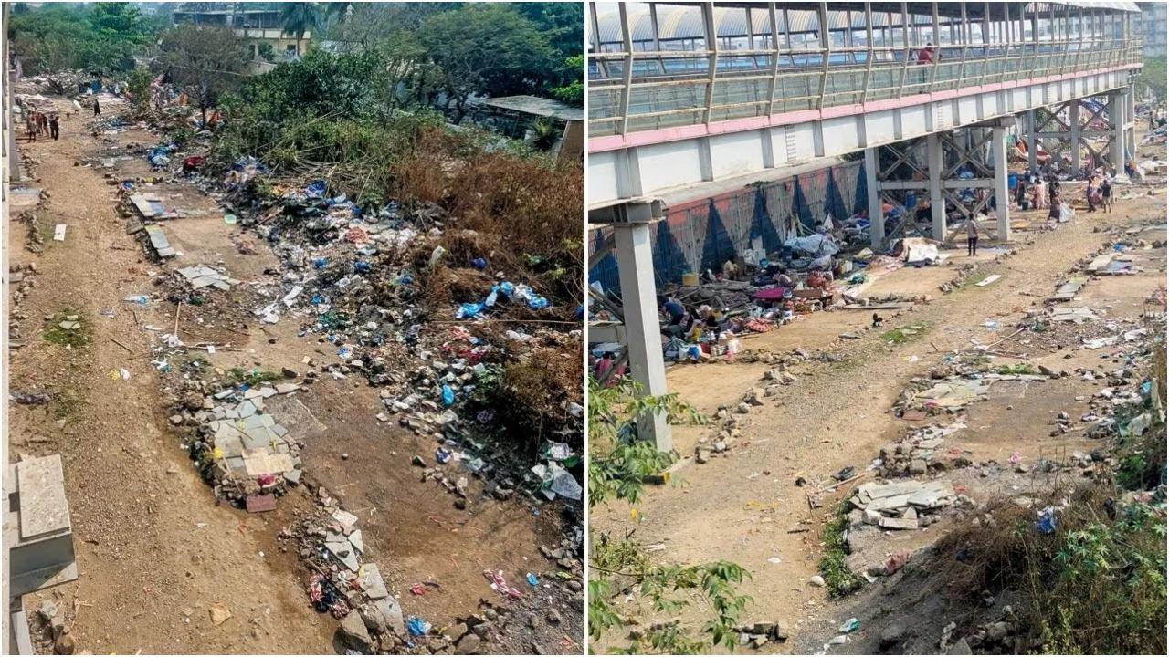 परित्यक्त पांचवीं और छठी लाइन के गलियारे पर खंडहर; (दाएं) कब्जाधारी स्काईवॉक के नीचे शरण लेते हुए