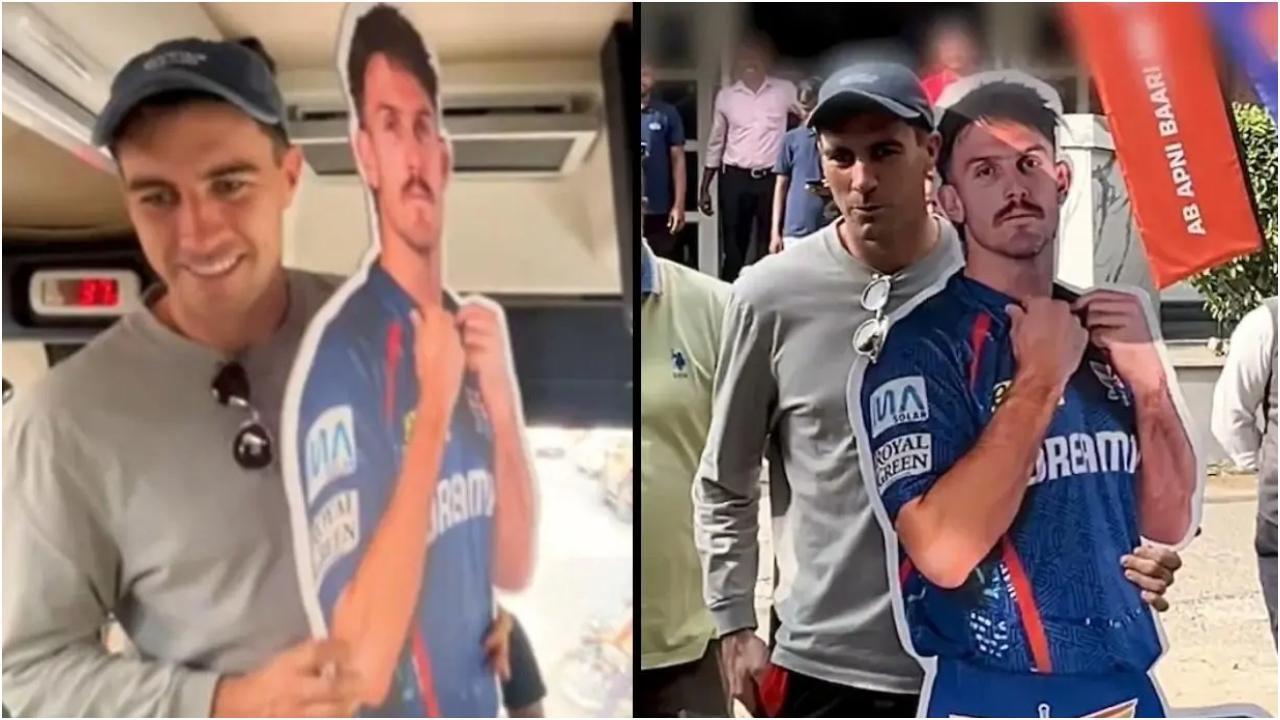 कमिंस मुस्कुराते हुए एसआरएच बस में सवार हो रहे हैं और मार्श के कटआउट को किसी बेशकीमती चीज की तरह थामे हुए हैं.