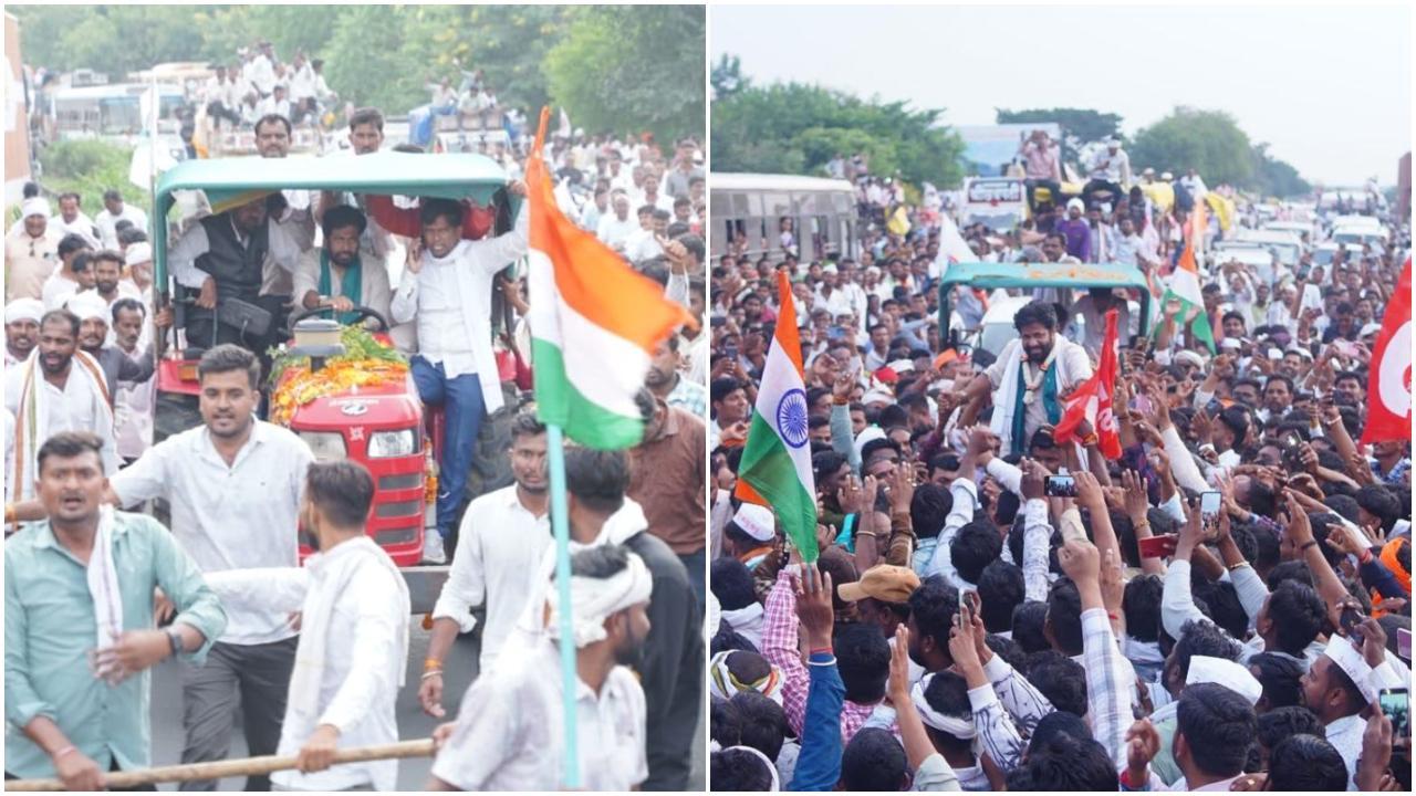 अमरावती जिले से शुरू हुई यह ट्रैक्टर रैली धीरे-धीरे ‘महा एल्गार मोर्चा’ में बदल गई, जिसमें राज्य के विभिन्न हिस्सों, विदर्भ, मराठवाड़ा और पश्चिम महाराष्ट्र, से आए किसान शामिल हुए. (X/Pics, Bacchu Kadu) अमरावती जिले से शुरू हुई यह ट्रैक्टर रैली धीरे-धीरे ‘महा एल्गार मोर्चा’ में बदल गई, जिसमें राज्य के विभिन्न हिस्सों, विदर्भ, मराठवाड़ा और पश्चिम महाराष्ट्र, से आए किसान शामिल हुए. (X/Pics, Bacchu Kadu)