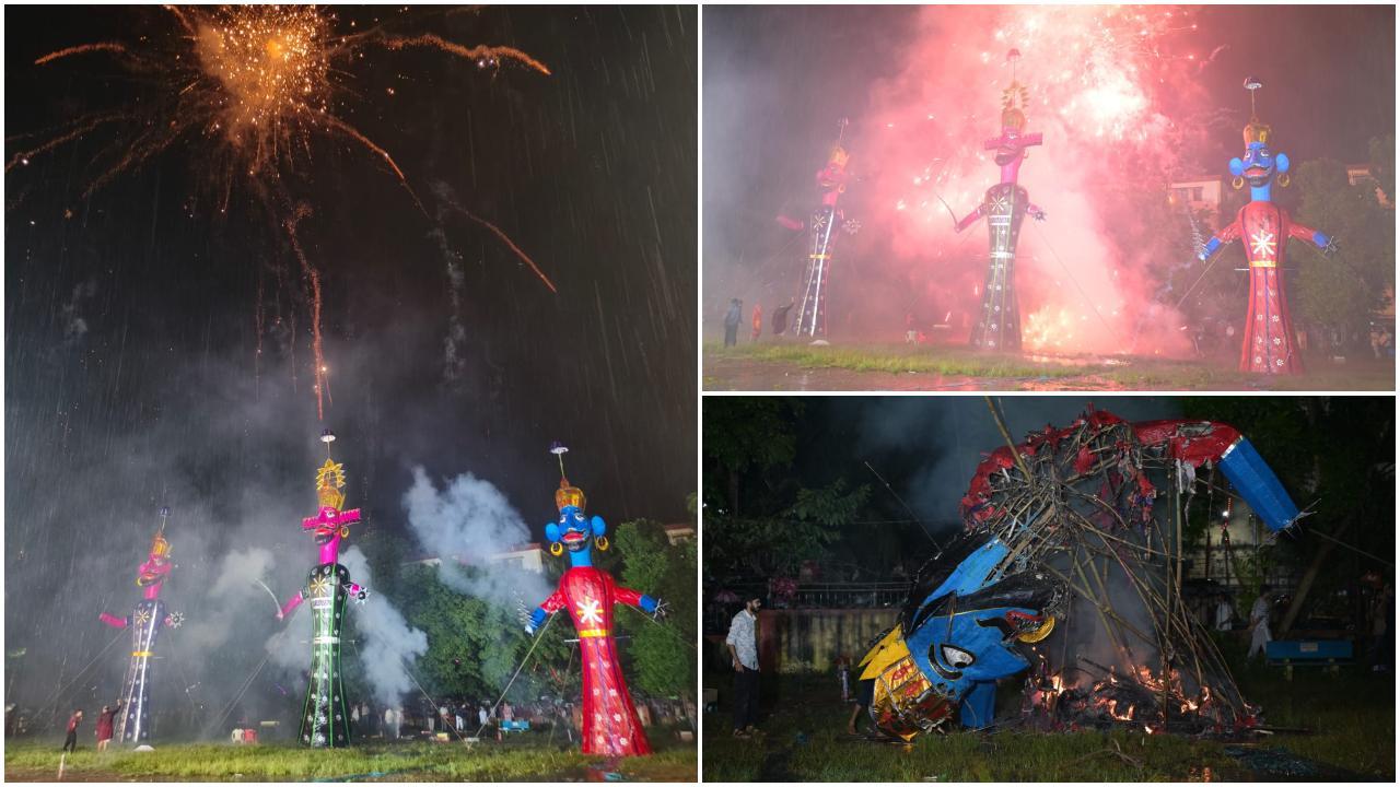 श्री सनातन धर्म सभा द्वारा सीमेंट गार्डन, एंटॉप हिल में आयोजित कार्यक्रम में विशाल रावण, मेघनाथ और कुंभकर्ण के पुतले स्थापित किए गए थे. (Pic/Kirti Surve Parade)