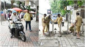 इस समस्या के समाधान के लिए बीएमसी ने गुरुवार को दादर और माटुंगा इलाकों में बीए रोड के फुटपाथों पर बोलार्ड को फिर से डिज़ाइन करने का काम शुरू किया. (Pic/Atul Kamble)