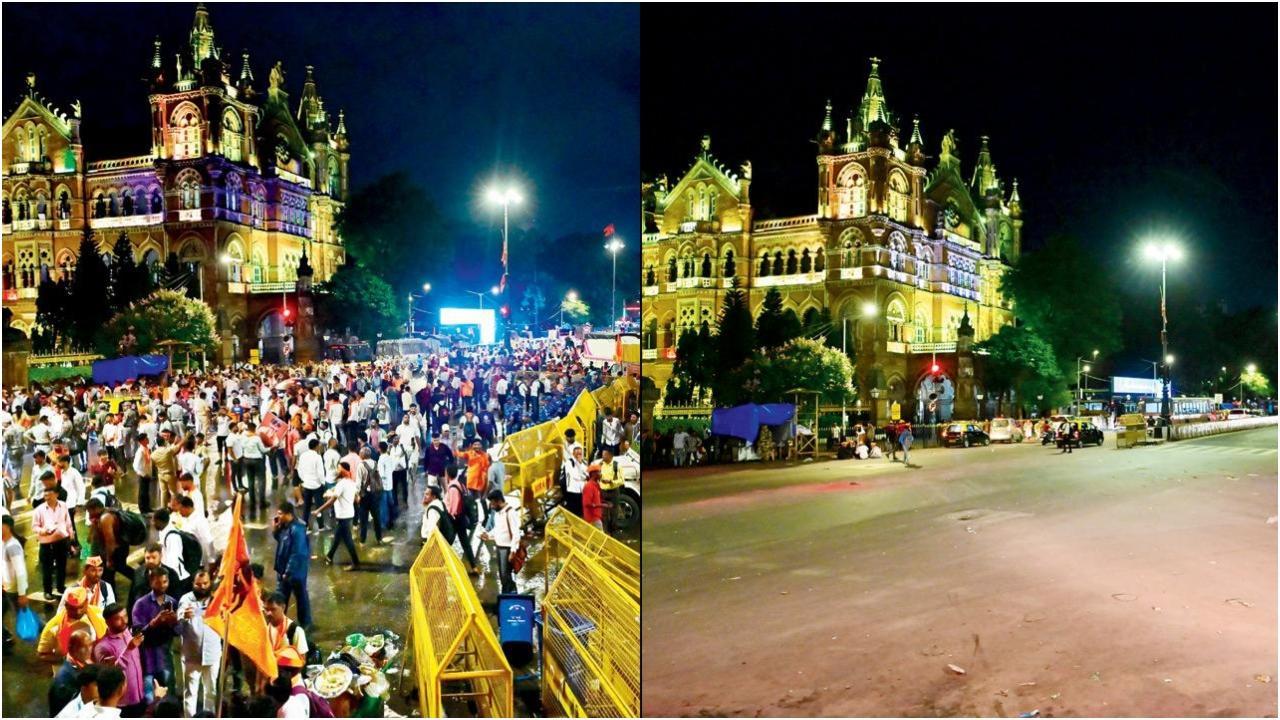सोमवार को जिस जगह पर भीड़ थी (सबसे बाईं ओर), मंगलवार को अदालत द्वारा प्रदर्शनकारियों को इलाका खाली करने का आदेश देने और सरकार द्वारा मराठा आरक्षण मुद्दे पर सरकारी आदेश जारी करने के कुछ ही घंटों बाद, उसे खाली करा दिया गया. तस्वीरें/शादाब खान
